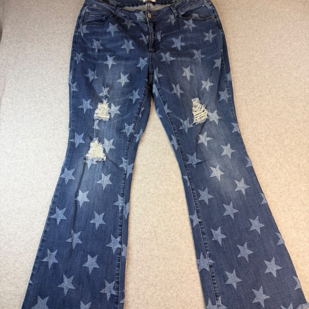 YMI Star Print Distressed Flare Jeans Medium Wash Frayed Hem Retro Celestial